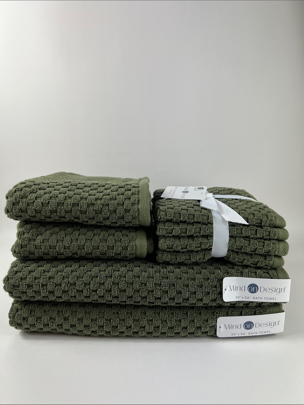 Mind on Design Olive Green Waffle Bath Towel Set Soft Cotton Set of 8 NEW